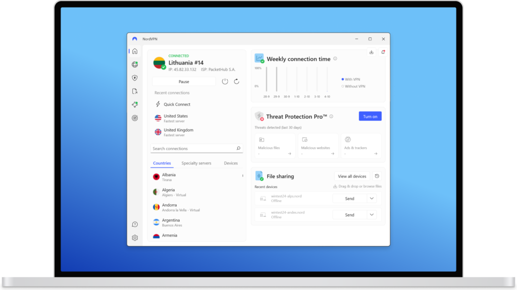 NordVPN Windows app dashboard showing an active connection to a Lithuania server