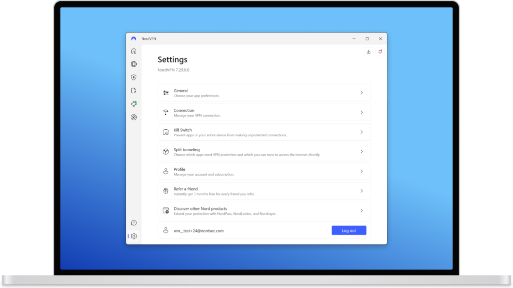 NordVPN Windows app Settings screen showing Kill Switch, Split Tunneling, and Connection options