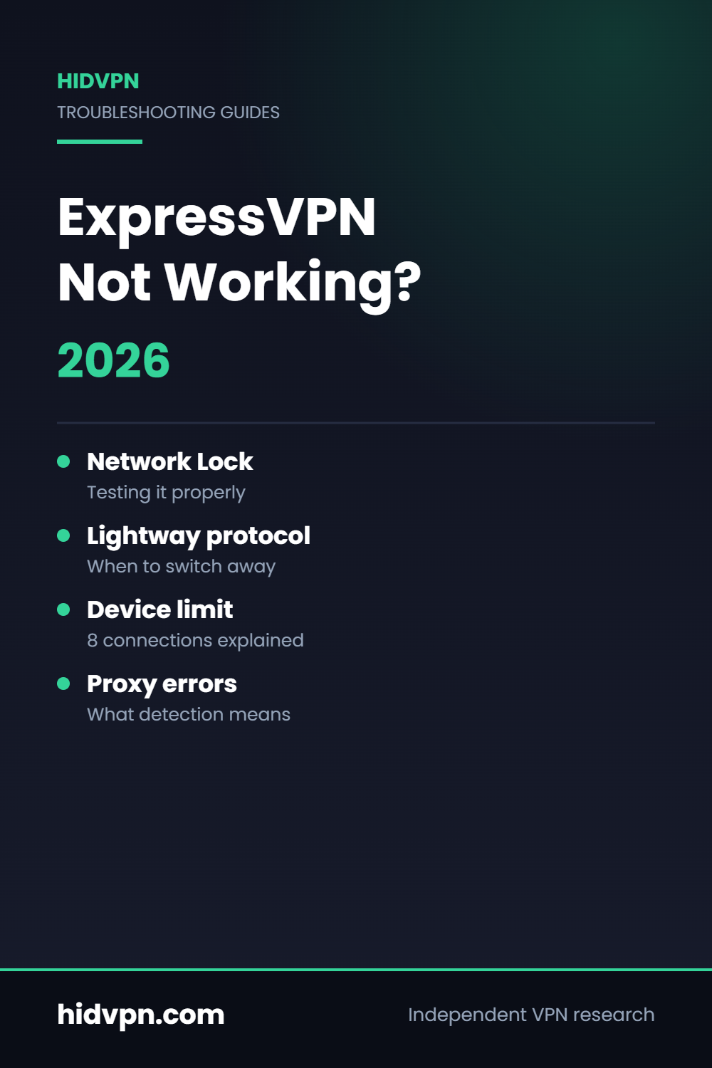 HidVPN guide cover: ExpressVPN Not Working? 2026