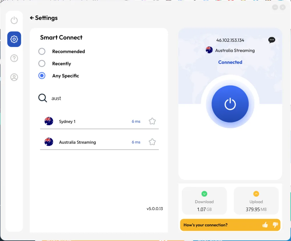 FastestVPN app connected to the Sydney 1 server under Australia Streaming