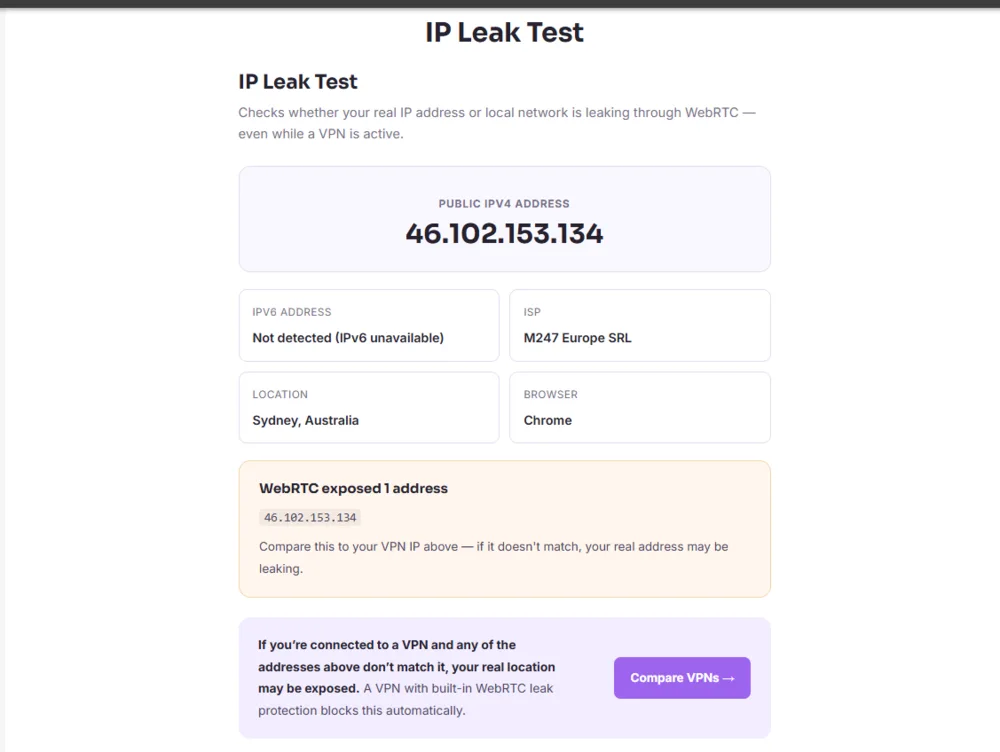IP leak test after connecting to FastestVPN, showing only the VPN server IP with no leaks detected