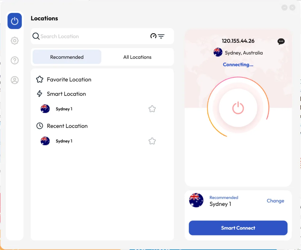 FastestVPN server location list showing Sydney 1 under Australia Streaming with 6ms ping