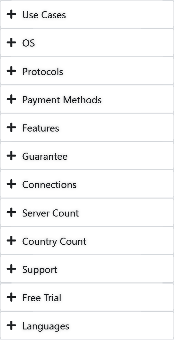 HidVPN filter sidebar with the Use Cases category expanded showing checkbox options