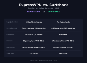 ExpressVPN vs Surfshark 2026 comparison infographic: jurisdiction, server network, connections, protocols, audits and 2-year price side by side