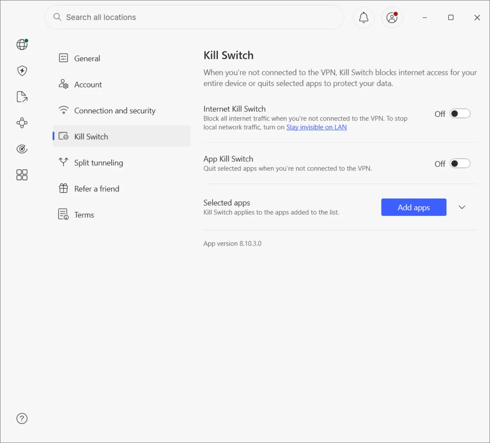 NordVPN Kill Switch settings showing Internet Kill Switch and App Kill Switch both off by default