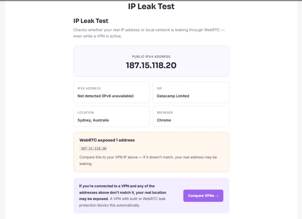 IP leak test after connecting to NordVPN, showing only the VPN server IP with no leaks detected