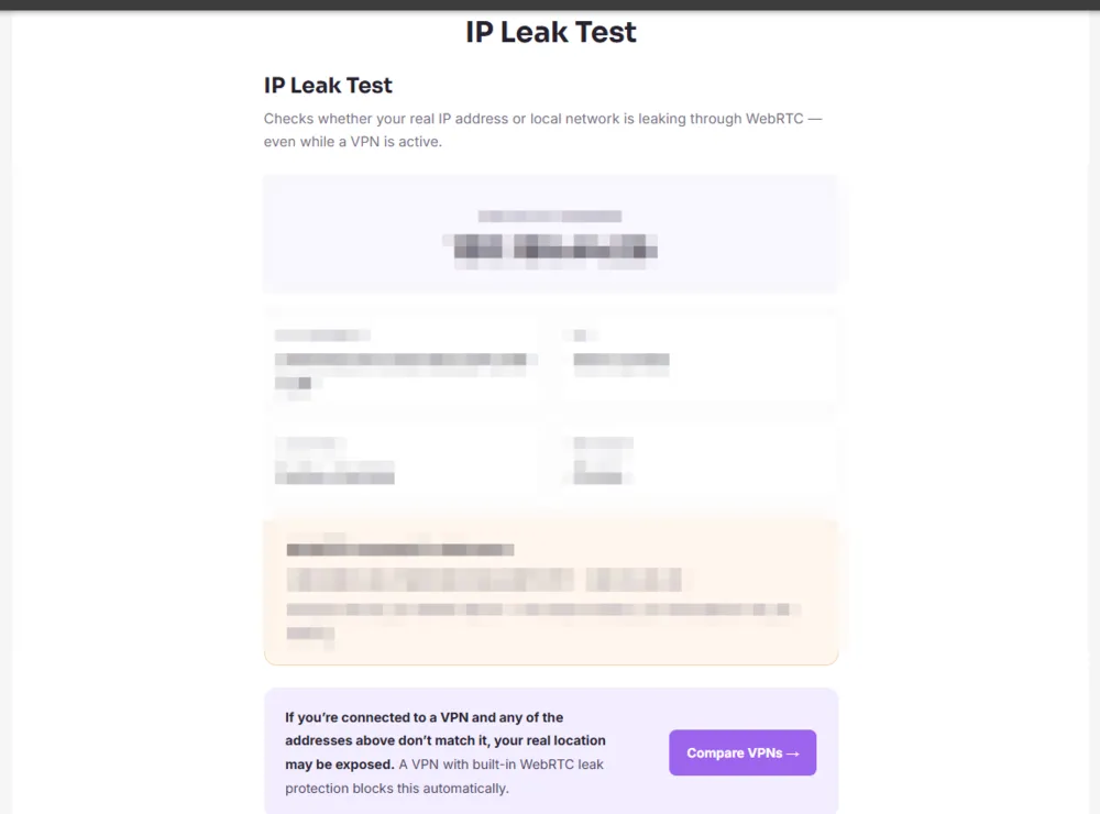 IP leak test before connecting, showing baseline connection details with identifying information blurred