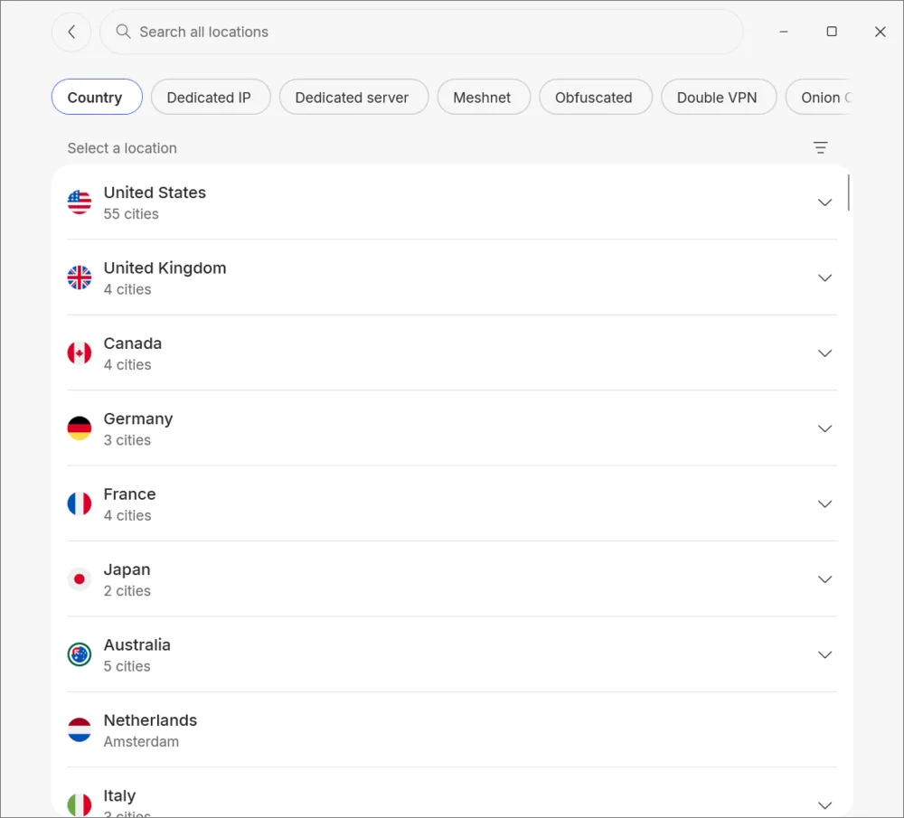NordVPN server location list showing countries and city counts