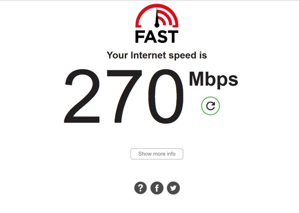 fast.com speed test before connecting to NordVPN, showing 270 Mbps baseline
