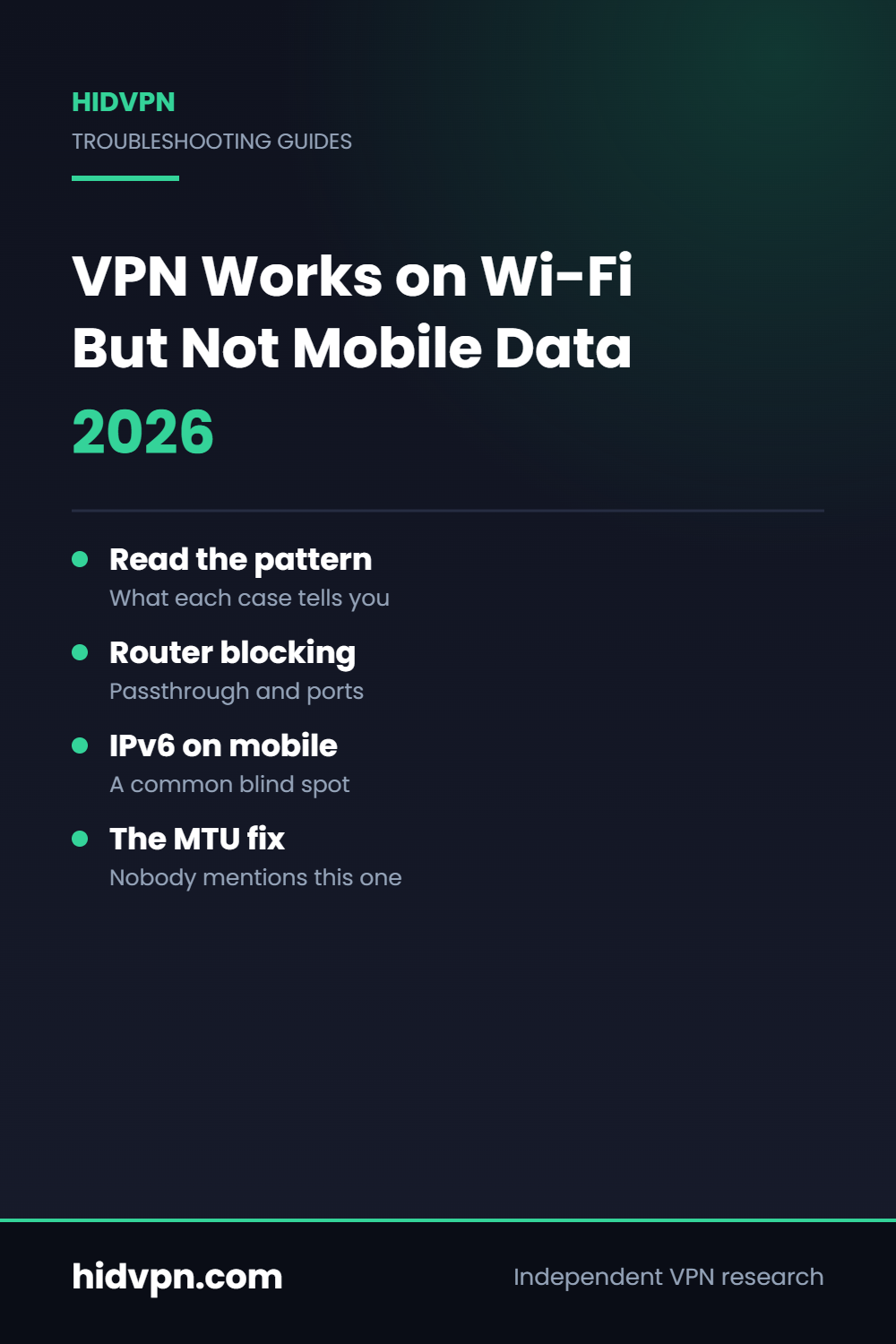 HidVPN guide cover: VPN Works on Wi-Fi But Not Mobile Data 2026