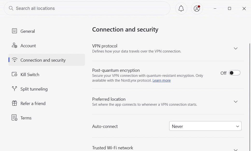 NordVPN Windows app Connection and security settings with Auto-connect set to Never