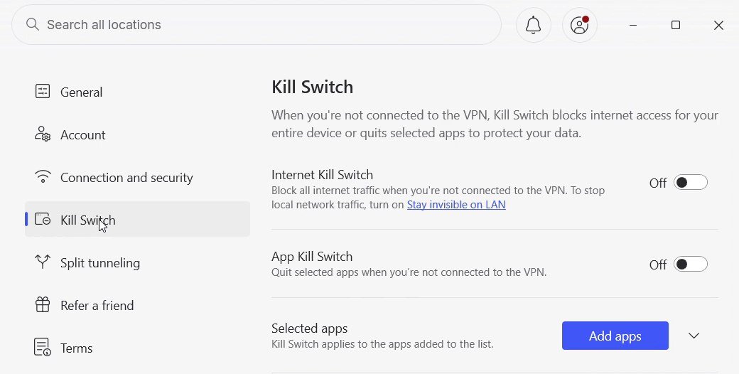 NordVPN Windows app Kill Switch settings showing Internet Kill Switch and App Kill Switch, both switched off