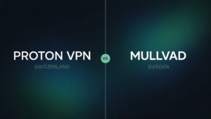 Split graphic comparing Proton VPN, based in Switzerland, with Mullvad VPN, based in Sweden