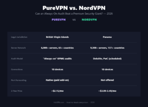 PureVPN vs NordVPN 2026 comparison infographic: jurisdiction, server network (6,000+ servers in 65+ countries vs 9,300+ in 137+), audit model, connections, port forwarding and 2-year price side by side