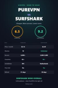 Comparison graphic: PureVPN scores 6.5, Surfshark 9.2. PureVPN $2.14 per month, 10 devices, 6,000+ servers, 65+ countries, British Virgin Islands. Surfshark $2.49 per month, unlimited devices, 90+ countries, Netherlands.