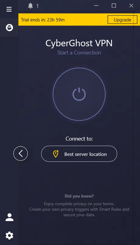 CyberGhost Windows app on the 24-hour free trial, showing 23h 59m left