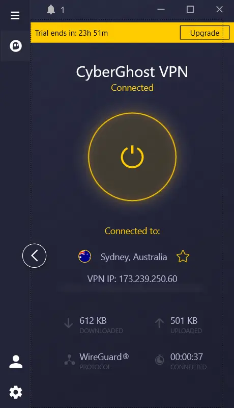 CyberGhost connected to Sydney, Australia over WireGuard