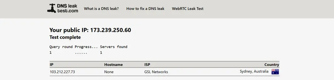 dnsleaktest.com standard test: one DNS server, CyberGhost's network in Sydney