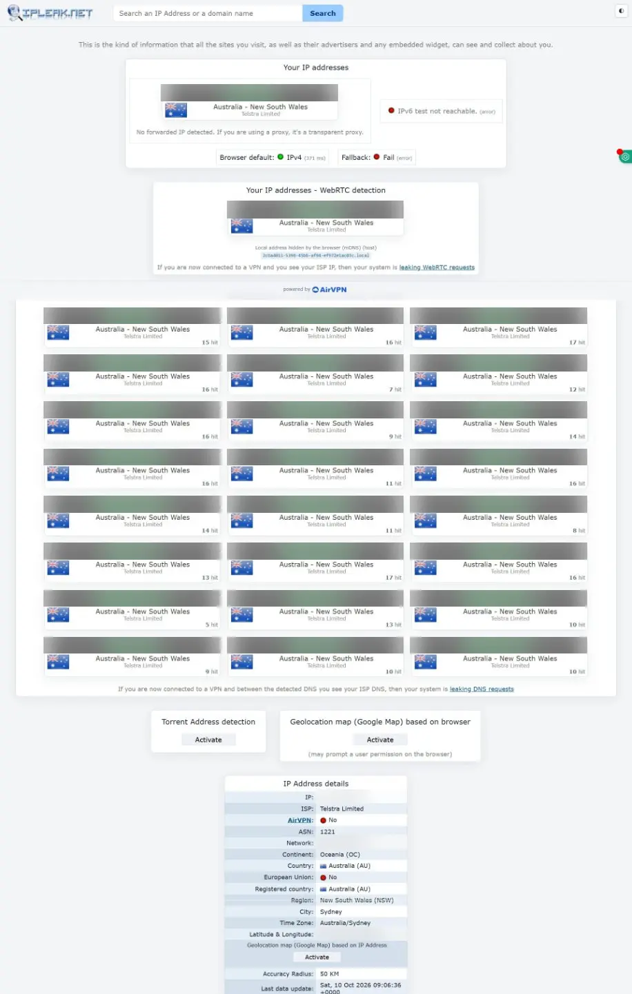 ipleak.net with the VPN off, showing our real IP address and DNS servers (blurred)