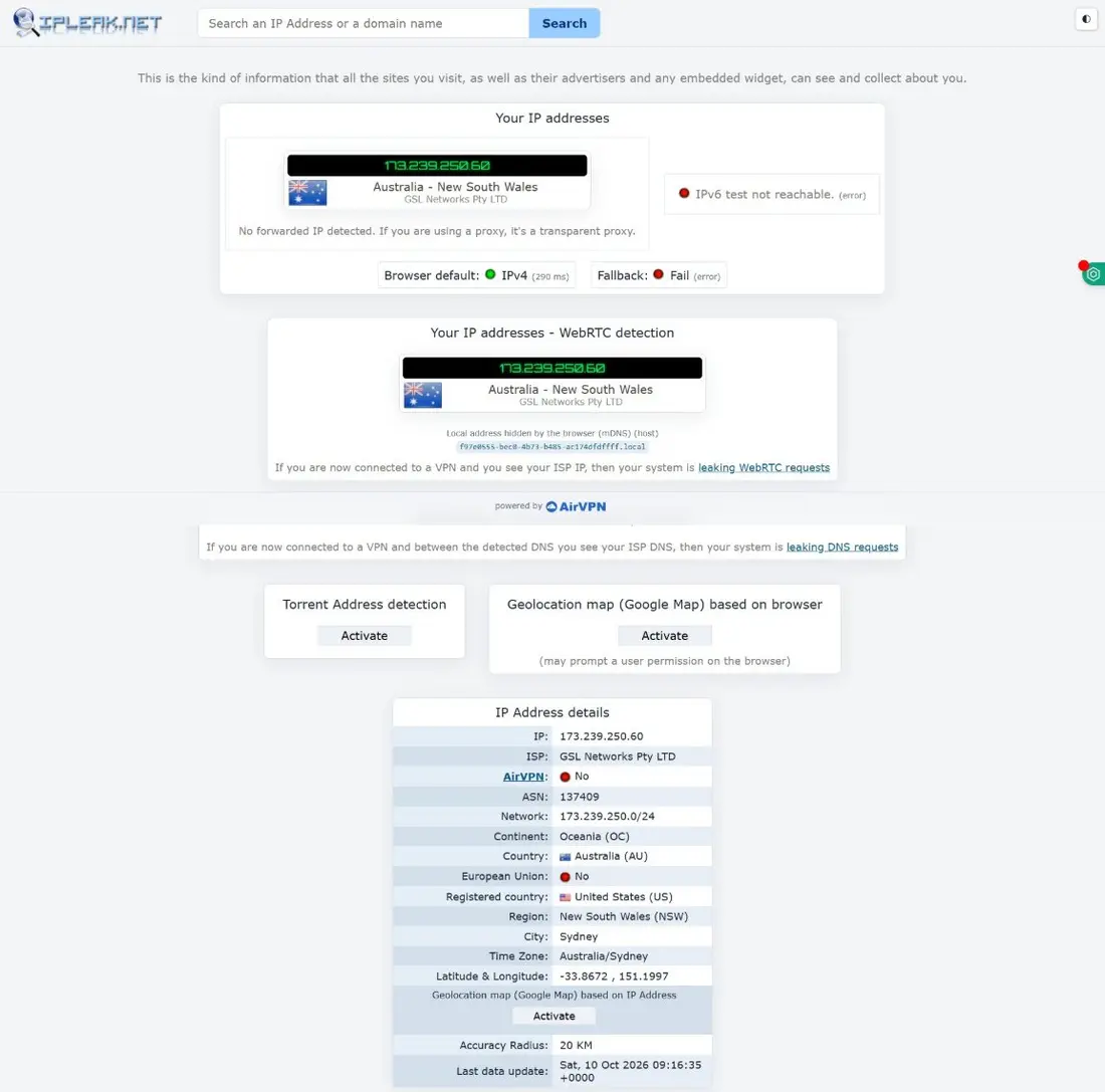ipleak.net connected to CyberGhost Sydney: only the VPN IP shows, including in the WebRTC check