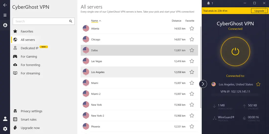 CyberGhost server list with US cities, connected to Los Angeles