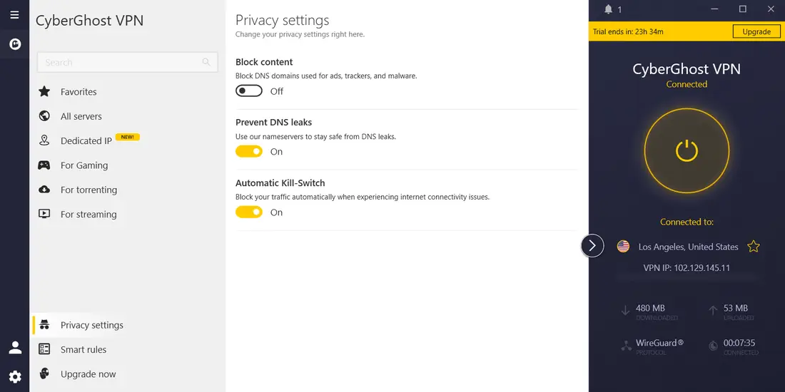 CyberGhost privacy settings: automatic kill switch and DNS leak protection on, content blocker off