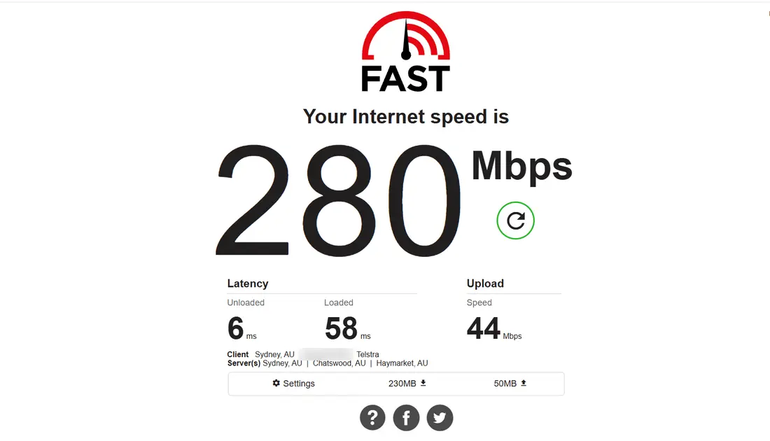 fast.com with the VPN off on 10 October 2026: 280 Mbps down, 44 Mbps up, 6 ms latency (IP blurred)