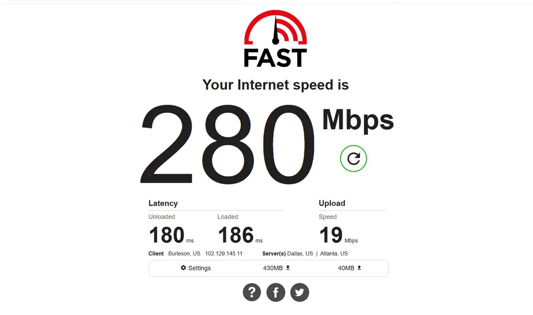 fast.com connected to CyberGhost's Los Angeles server: 280 Mbps down, 19 Mbps up, 180 ms latency