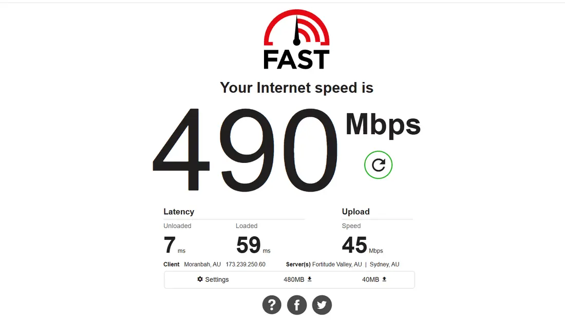 fast.com connected to CyberGhost's Sydney server: 490 Mbps down, 45 Mbps up, 7 ms latency