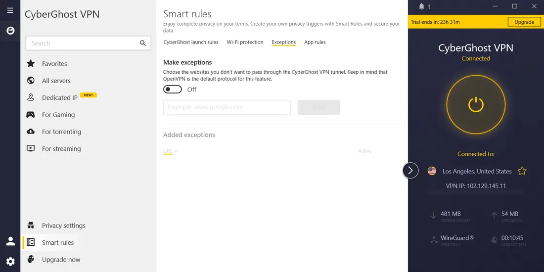 CyberGhost Smart rules Exceptions screen for website-based split tunneling on Windows