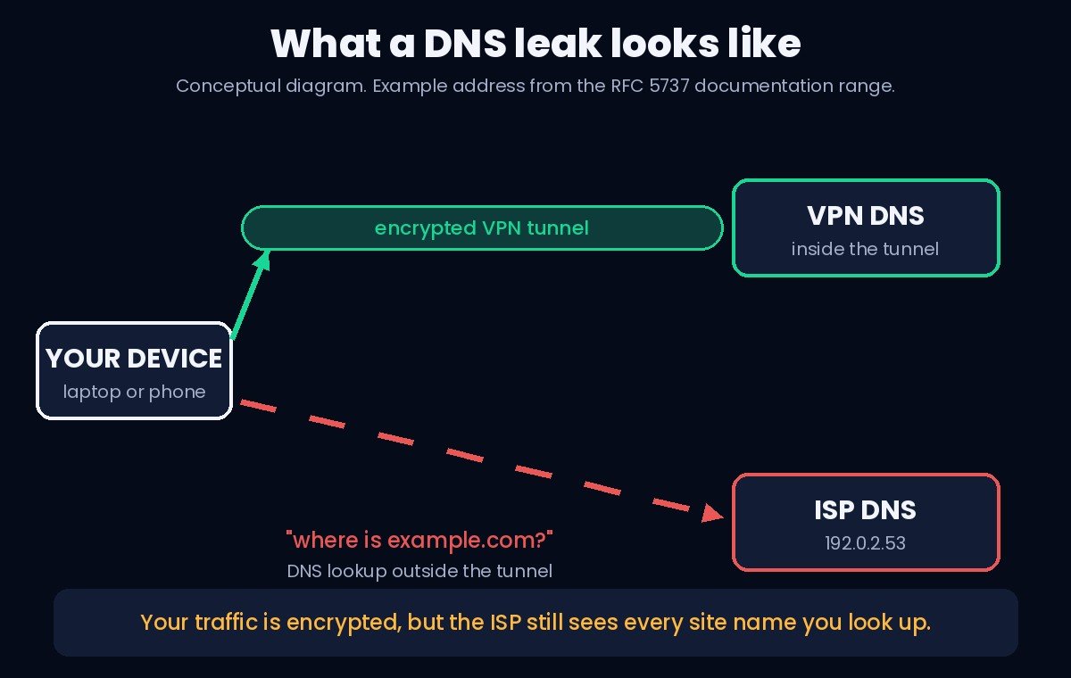 Conceptual diagram: a DNS lookup going outside the VPN tunnel to the internet provider's DNS server