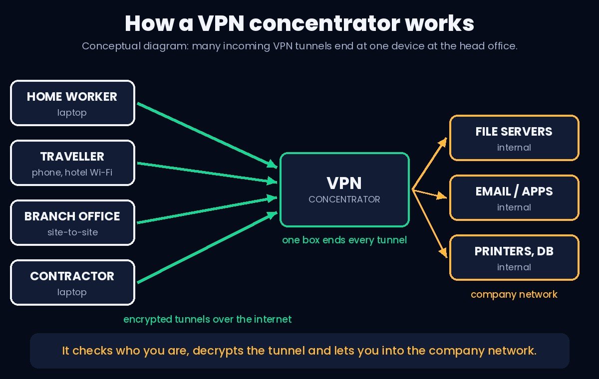 What is a VPN concentrator: diagram of a home worker, a traveller, a branch office and a contractor each connecting through their own encrypted tunnel to one VPN concentrator, which passes their traffic to file servers, email and printers on the company network