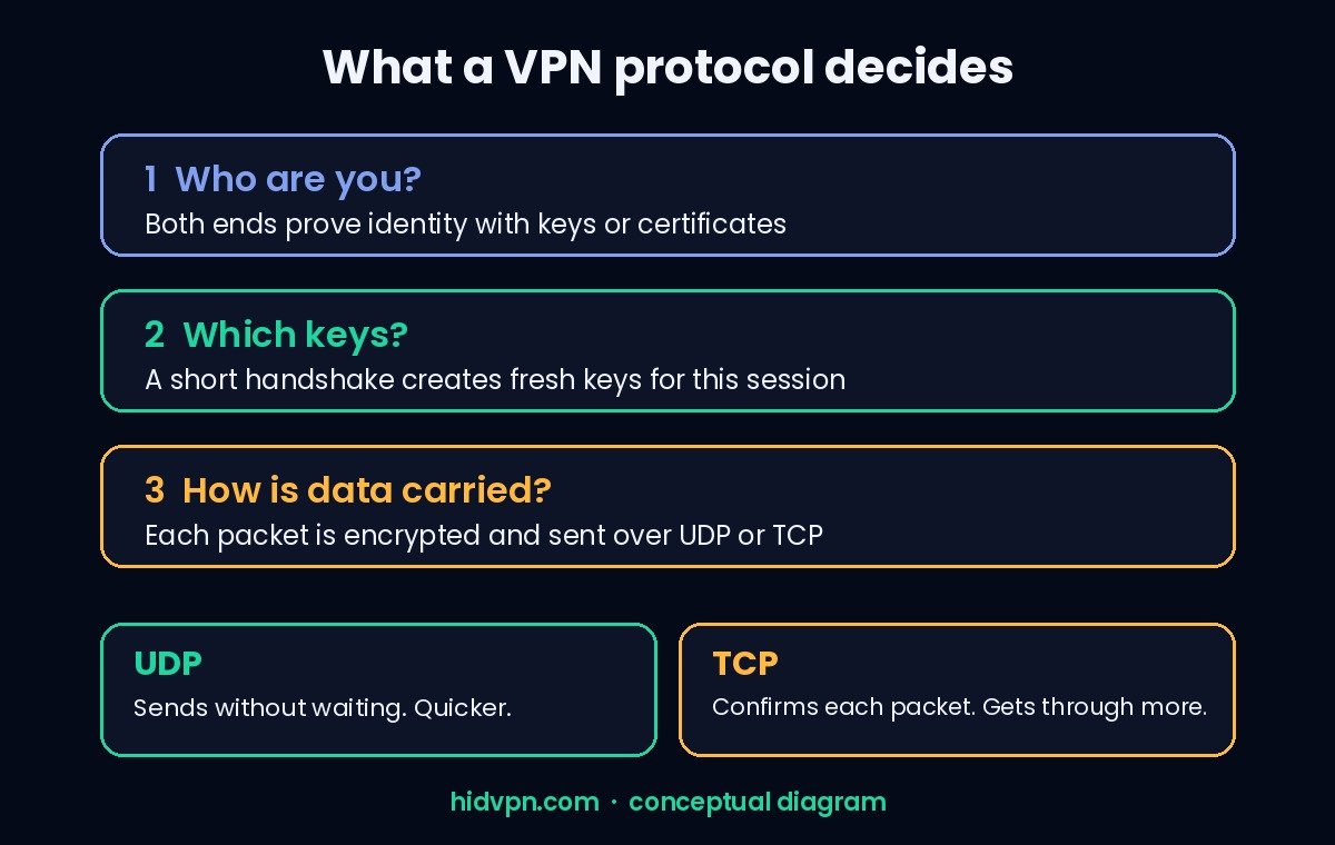 Conceptual diagram: how a VPN protocol builds the tunnel, from key exchange to wrapped data packets