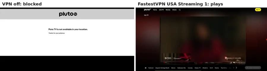 Pluto TV blocked with the VPN off, then playing on FastestVPN USA Streaming 1