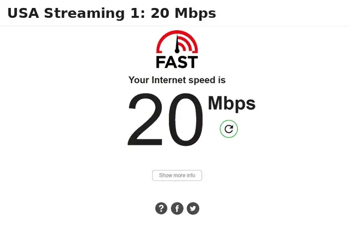 fast.com showing 20 Mbps on FastestVPN USA Streaming 1, 8 October 2026