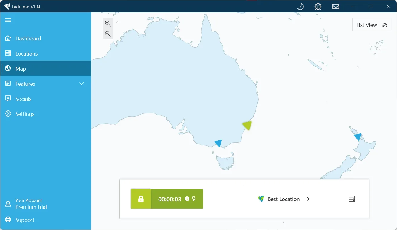 hide.me connected to Best Location on the map view, which picked Sydney
