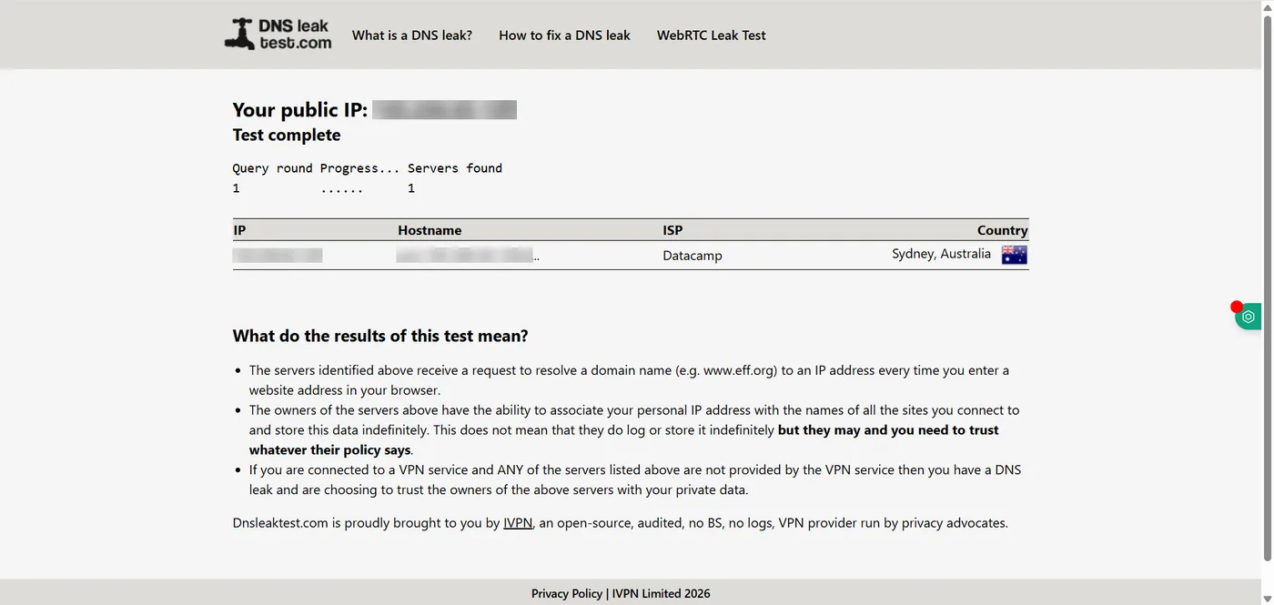dnsleaktest.com standard test: one DNS server, hide.me's network in Sydney (blurred)