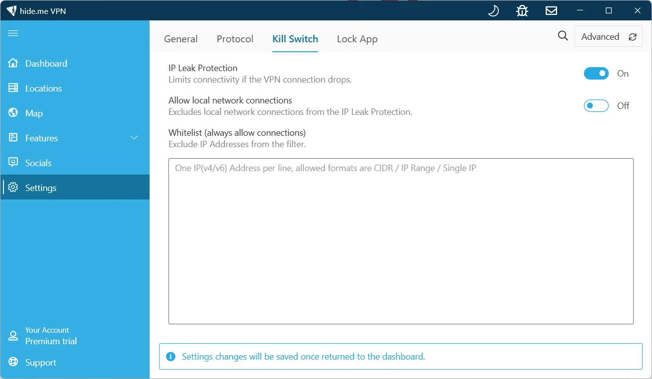 hide.me Kill Switch settings: IP Leak Protection on, local network connections off