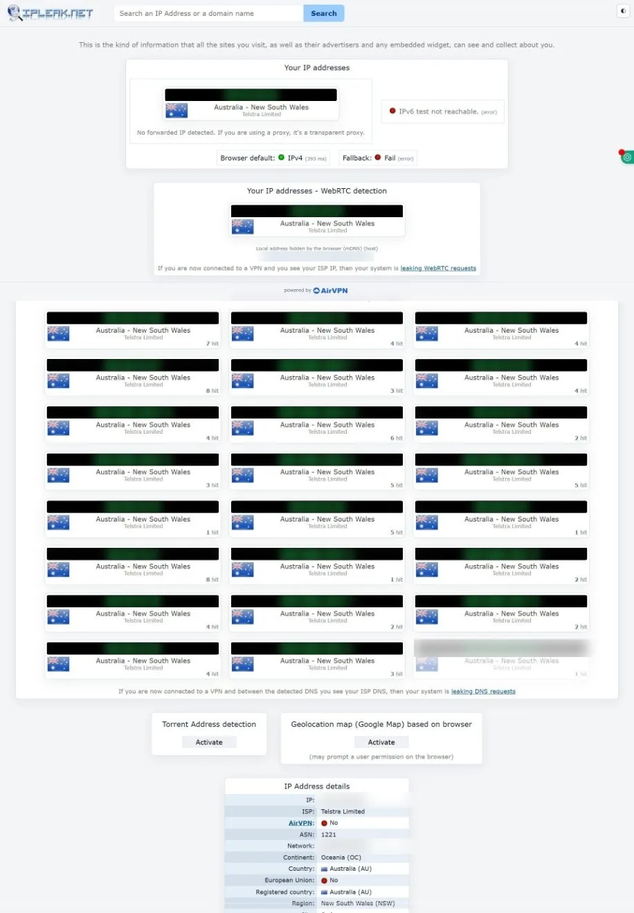 ipleak.net with the VPN off, showing our real IP address and DNS servers (blurred)