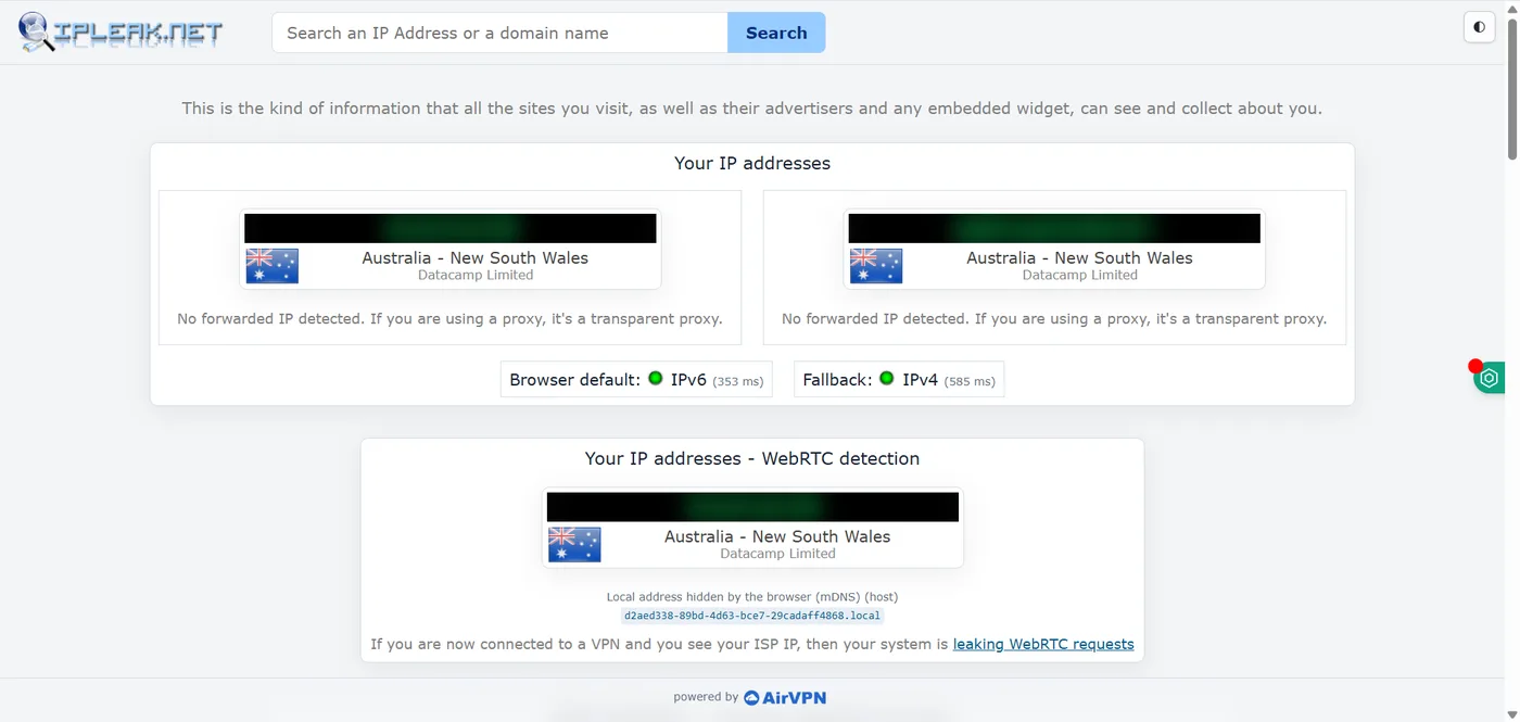 ipleak.net connected to hide.me Sydney: only VPN addresses show for IPv4, IPv6 and WebRTC (blurred)