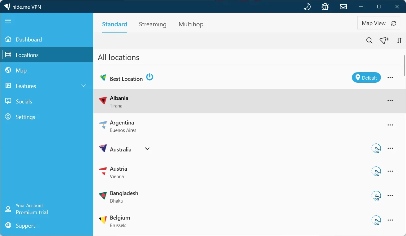 hide.me location list with Best Location as the default