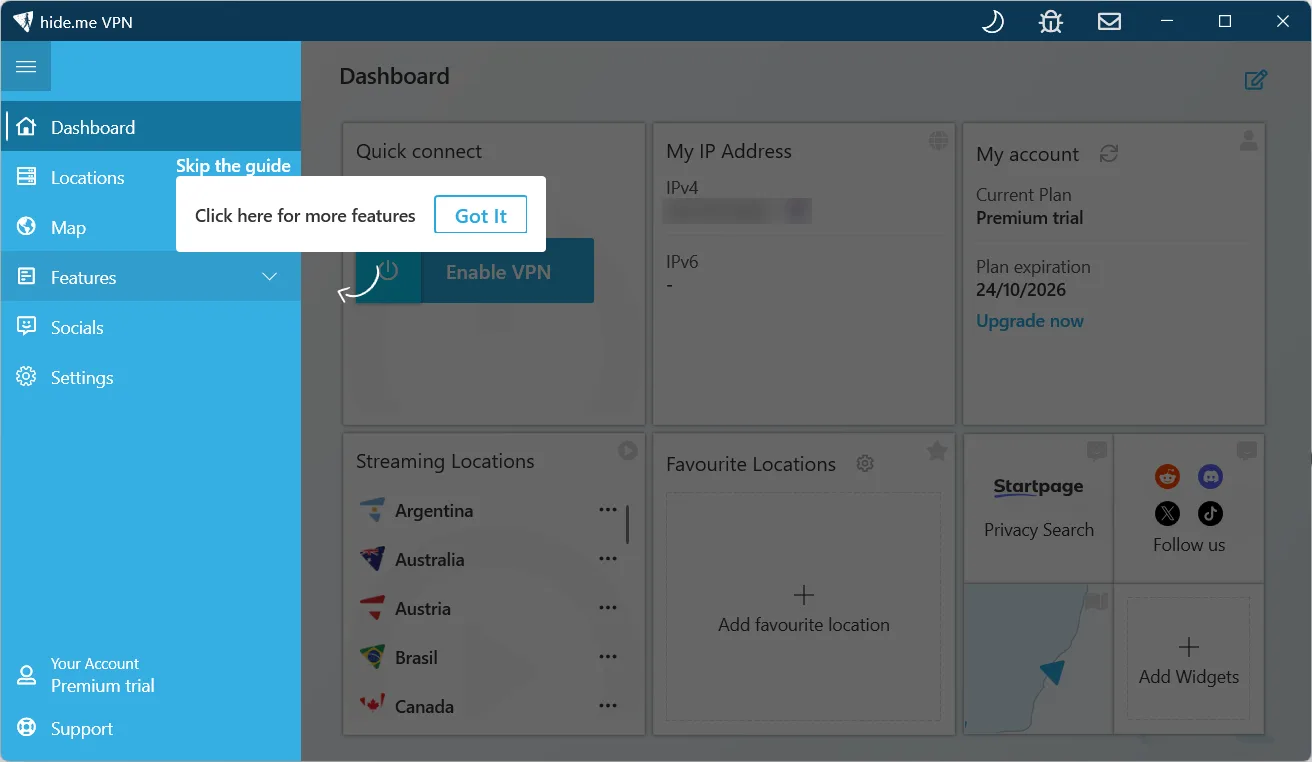 hide.me Windows app dashboard right after install, showing a Premium trial until 24 October 2026 (IP blurred)