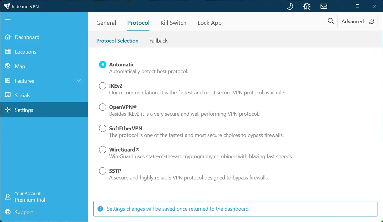 hide.me protocol settings: Automatic selected, with IKEv2, OpenVPN, SoftEther, WireGuard and SSTP available