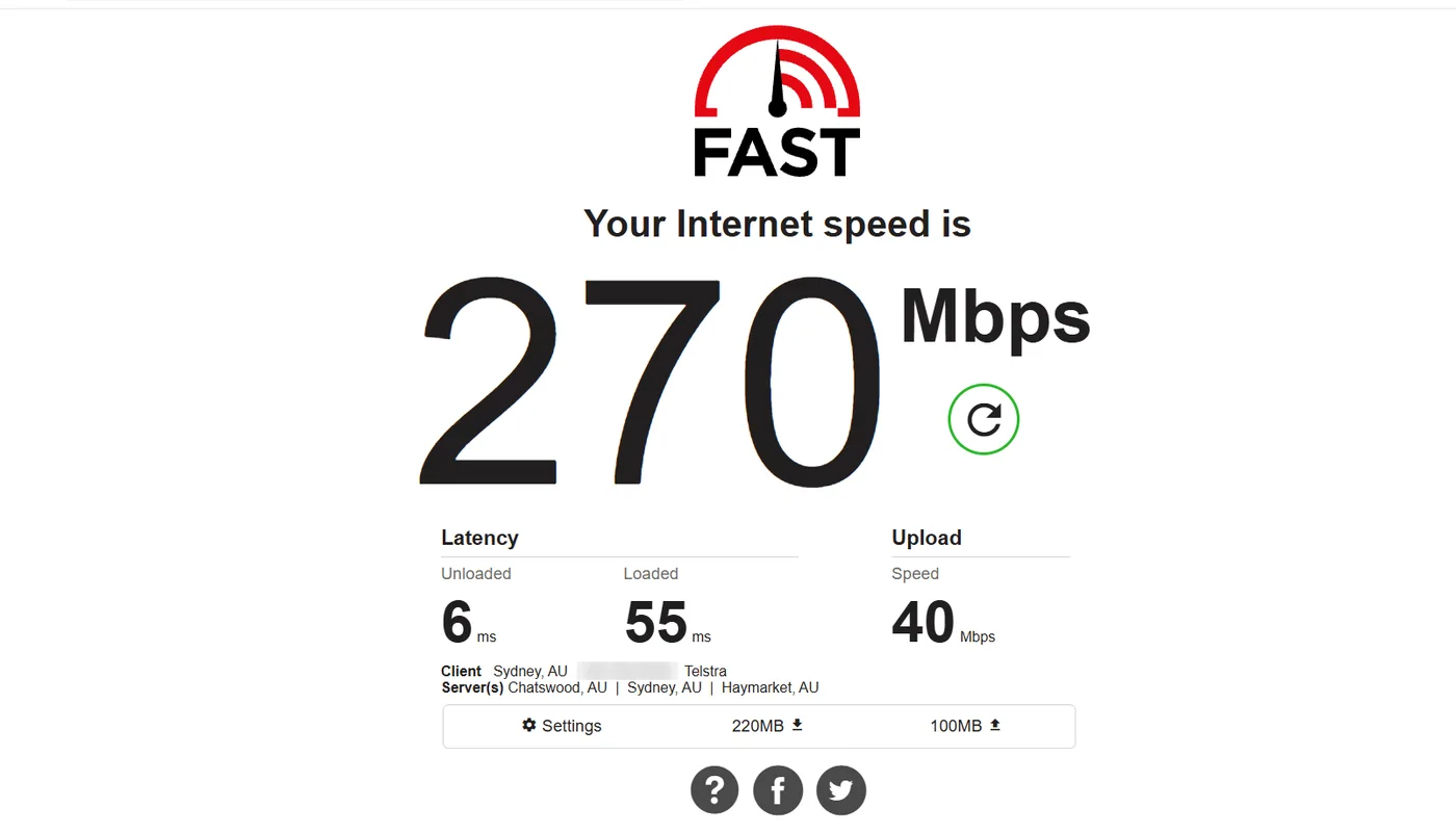 fast.com with the VPN off on 16 October 2026: 270 Mbps down, 40 Mbps up, 6 ms latency (IP blurred)