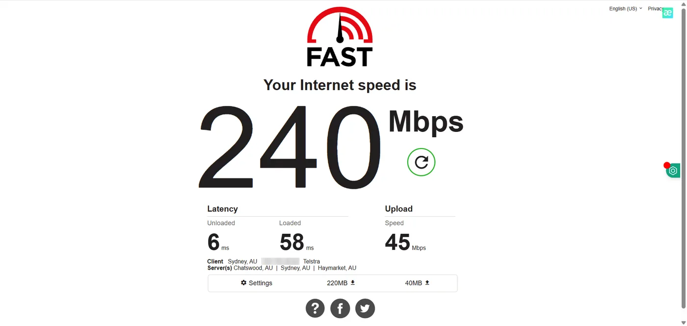 fast.com with the VPN off again at the end of the test: 240 Mbps down, 45 Mbps up (IP blurred)