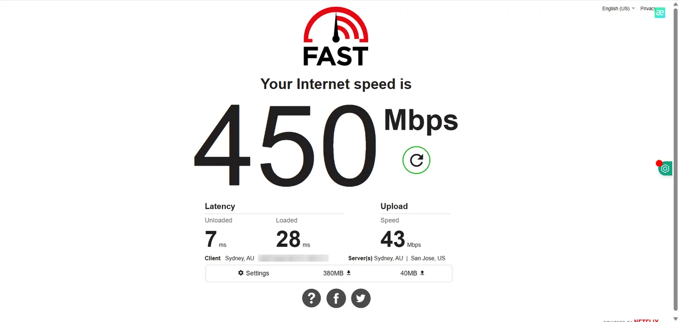 fast.com connected to hide.me's Sydney server: 450 Mbps down, 43 Mbps up, 7 ms latency