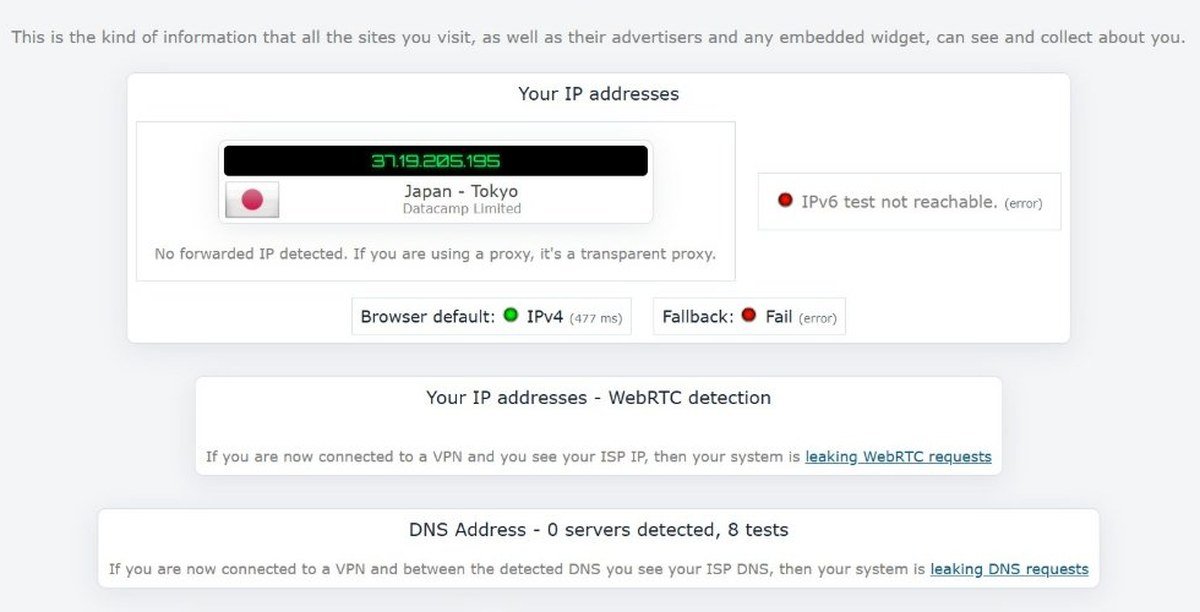 ipleak.net result with Proton VPN connected: IP address in Tokyo, IPv6 not reachable, WebRTC empty and 0 DNS servers detected