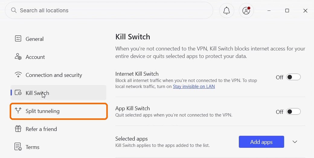 NordVPN Windows app settings sidebar with the Split tunneling option highlighted, directly below Kill Switch