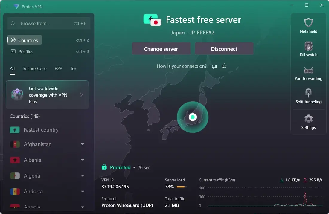 Proton VPN Windows app connected to the free server JP-FREE#2 in Japan over Proton WireGuard
