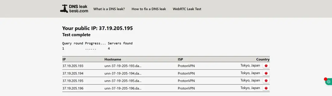 dnsleaktest.com standard test: four DNS servers, all Proton VPN in Tokyo, Japan